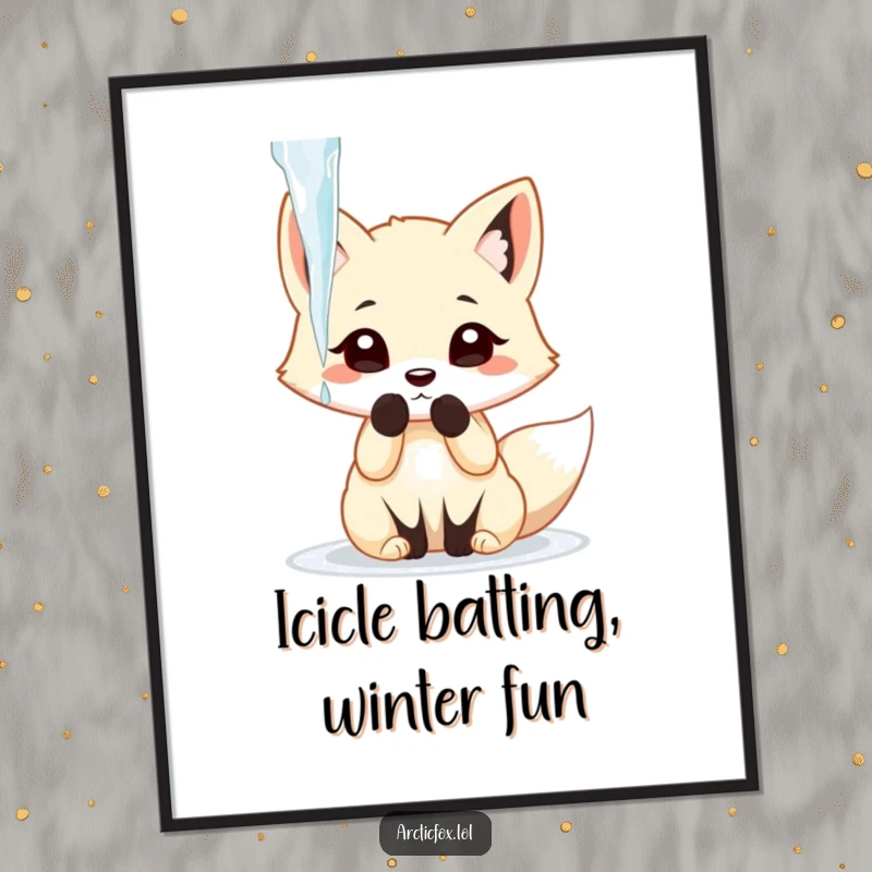 Funny Free Printable Wall Art of an arctic fox caught in the act of playfully batting at a dangling icicle.
