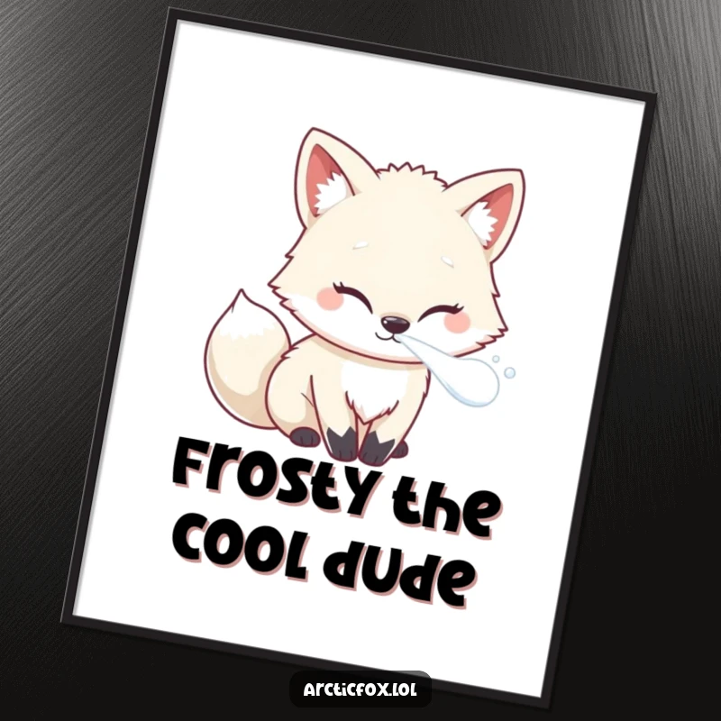 Funny Free Printable Wall Art: Kawaii arctic fox artistically exhaling a small, frosty mist puff, cool decor.