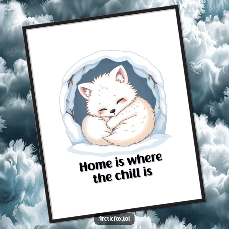 Funny Free Printable Wall Art: A content arctic fox curled up peacefully and cozily inside its snowy den.