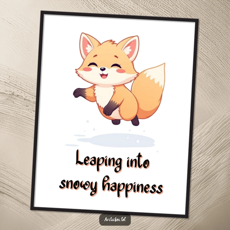 Playful free printable wall art depicting a kawaii arctic fox in a happy, energetic jump amidst fresh, fluffy snow.