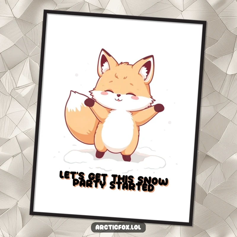 Funny Free Printable Wall Art: A fluffy fox is caught mid-silly dance in a large pile of soft, inviting snow.
