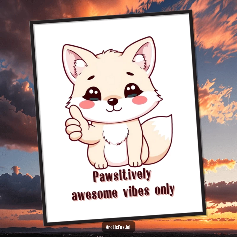 Funny Free Printable Wall Art: A kawaii arctic fox confidently gives a cheerful thumbs up with its paw, spreading positivity.