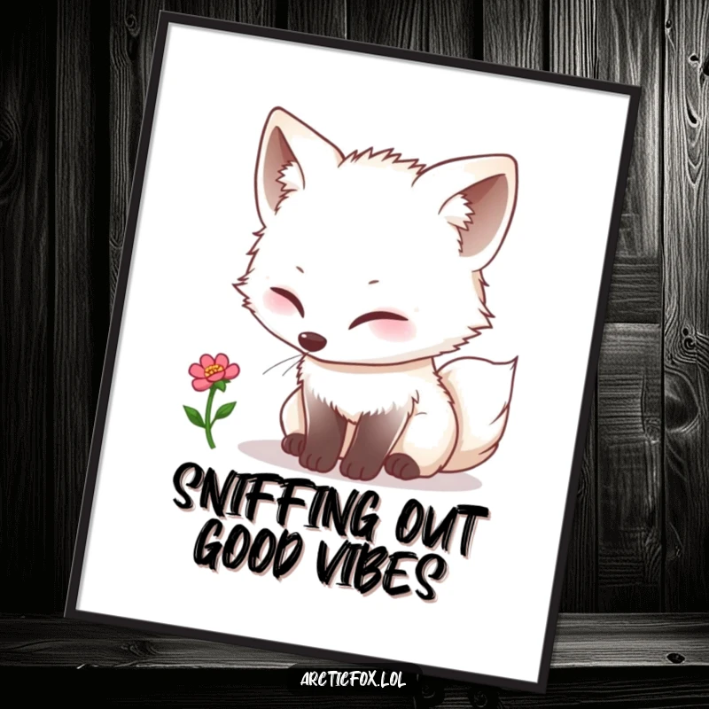 Funny Free Printable Wall Art: A kawaii arctic fox curiously sniffs a single, tiny bloom, embodying natural wonder and delight.