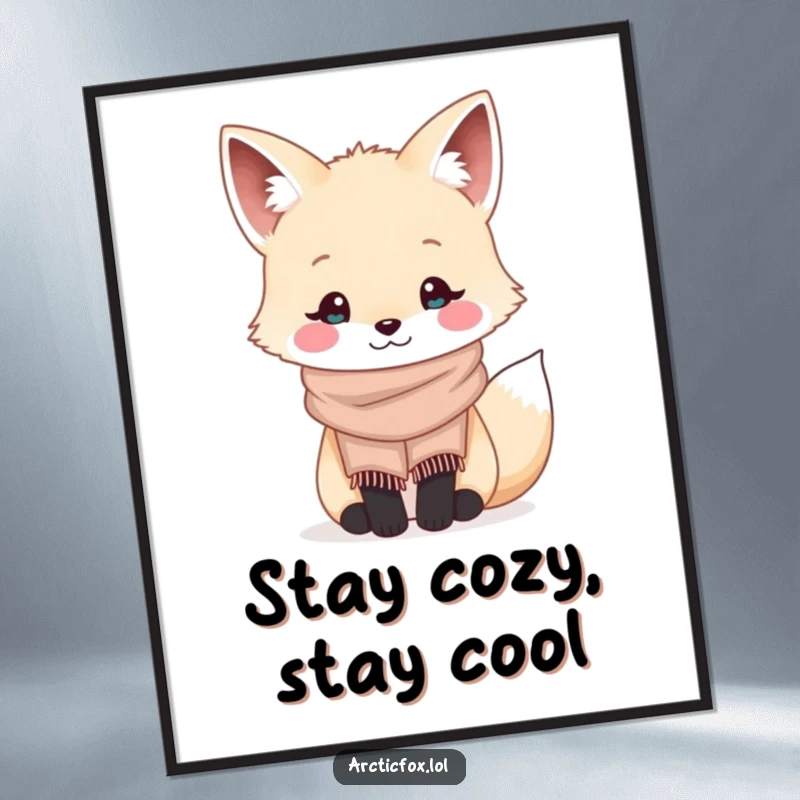 Funny Free Printable Wall Art featuring a smiling kawaii arctic fox wearing a tiny, cozy scarf, radiating warmth and charm.