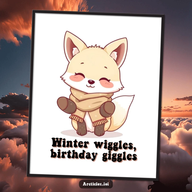 Funny Free Printable Wall Art: A giggling arctic fox in a scarf and mittens, looking cheerful and cozy.