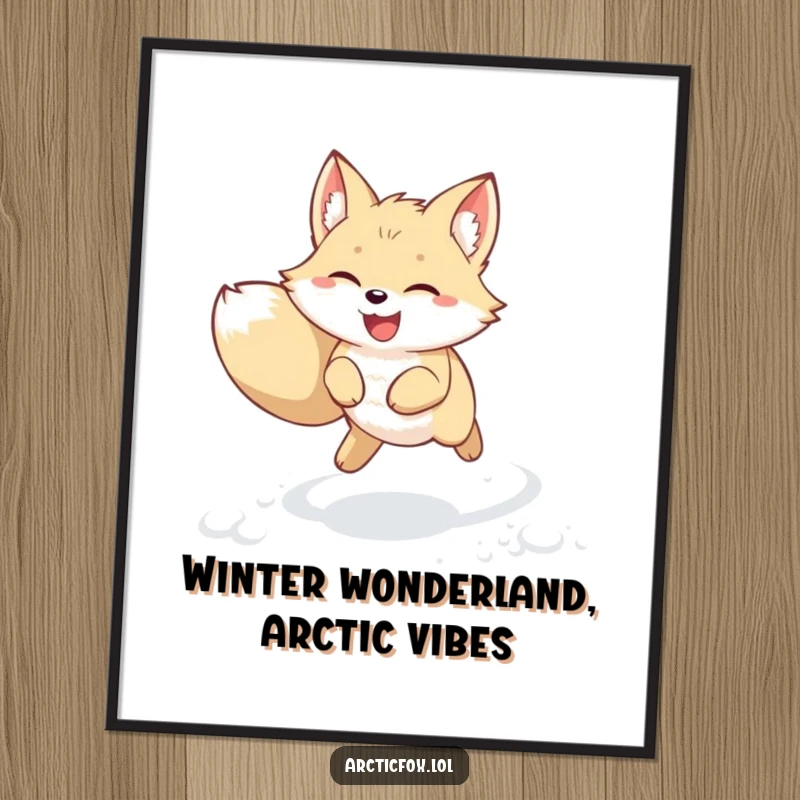Funny Free Printable Wall Art: Kawaii arctic fox leaping joyfully with ears perked through fresh snow.