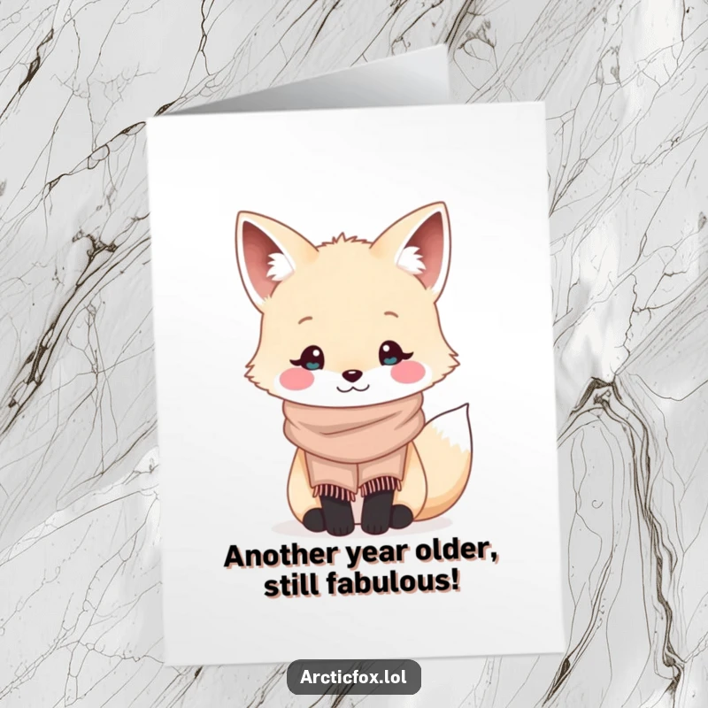 Funny Free Printable Birthday Card featuring a smiling kawaii arctic fox in a tiny, cozy scarf, radiating birthday cheer.