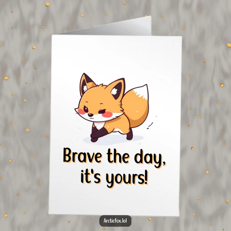 Funny Free Printable Birthday Card: Determined arctic fox pushing through a gentle snow flurry, celebrating strength.