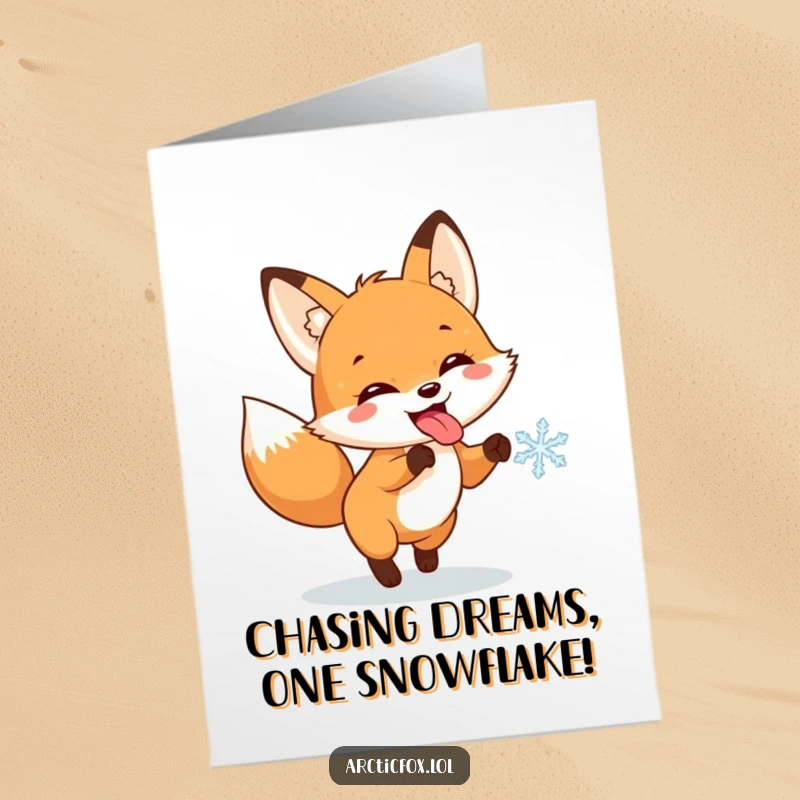 Funny Free Printable Birthday Card: A happy fox joyfully chases a falling snowflake with its tongue playfully sticking out.