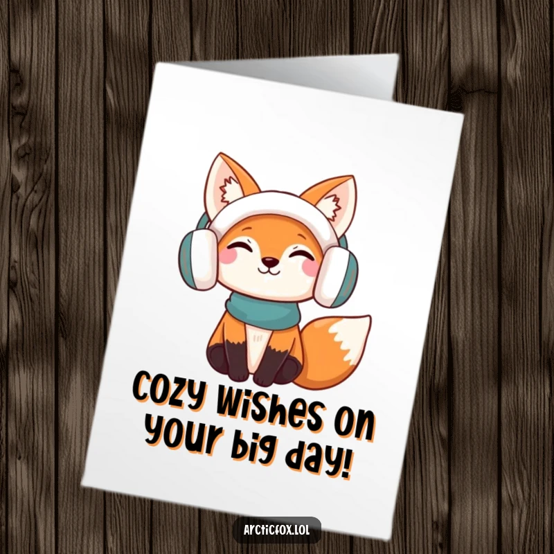 Funny Free Printable Birthday Card featuring a content fox in earmuffs, radiating warmth and birthday cheer.