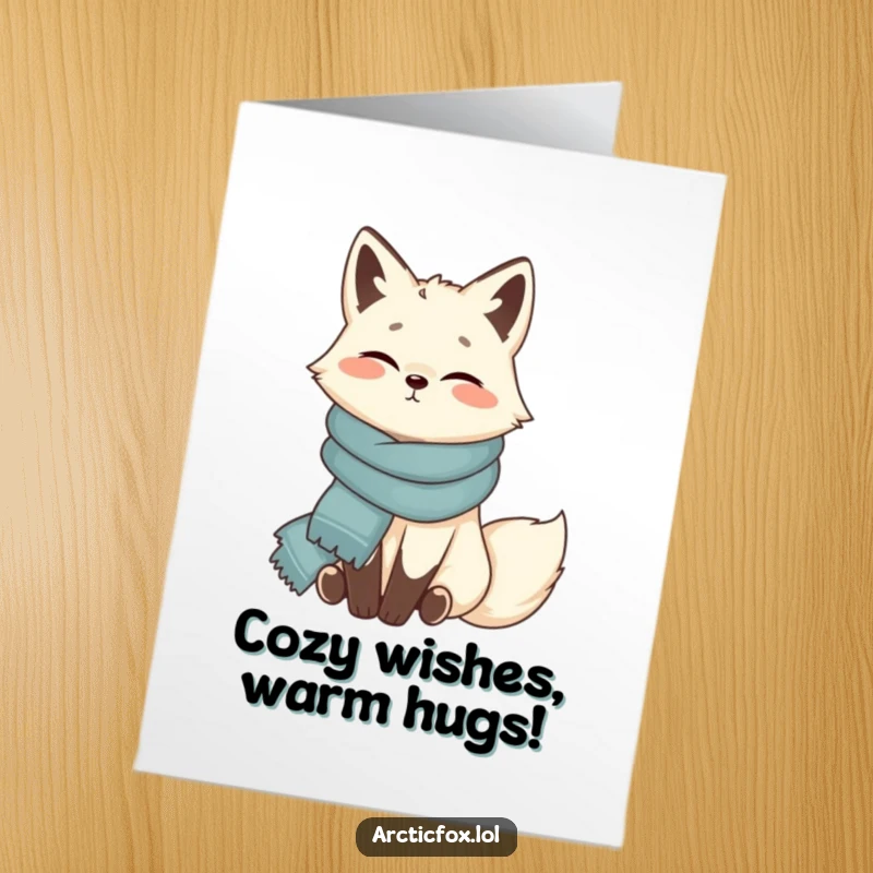 Funny Free Printable Birthday Card: Content Arctic Fox sitting cozily, wrapped in a thick fluffy scarf, sending birthday wishes.