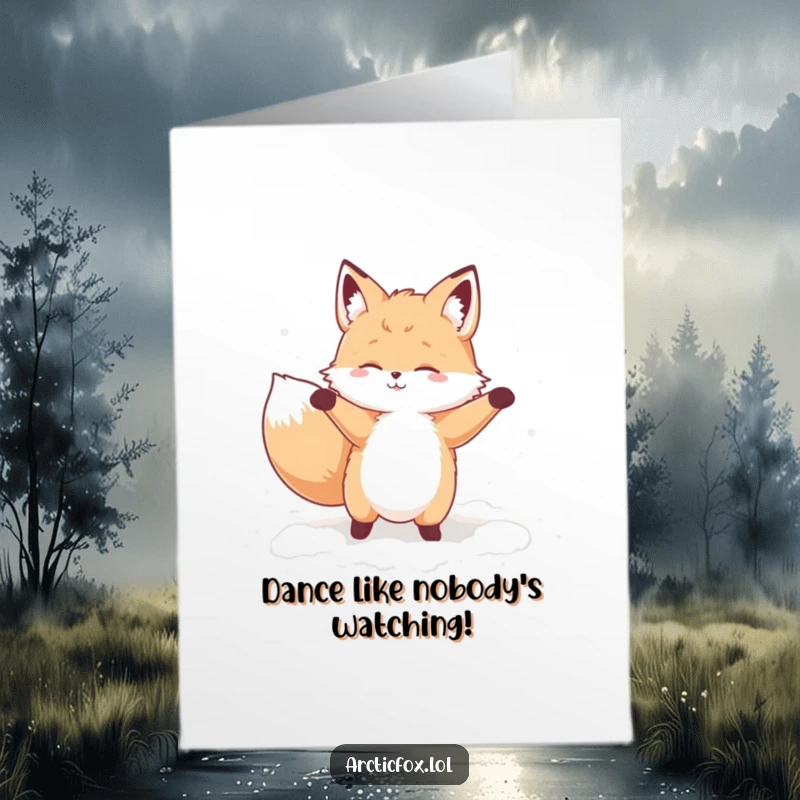 Funny Free Printable Birthday Card: A fluffy fox doing a hilarious silly dance with pure joy in a soft pile of snow.
