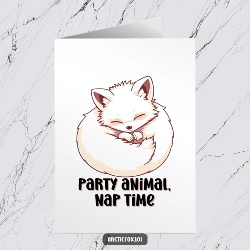 Funny Free Printable Birthday Card: Happy arctic fox curling into a fluffy, contented ball for a birthday wish.