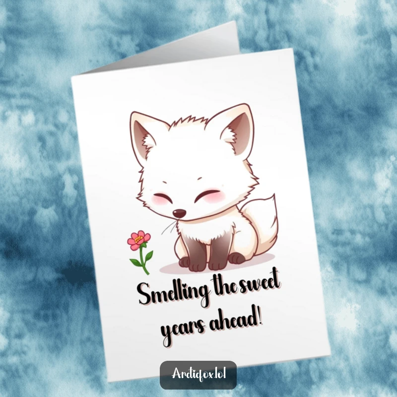 Funny Free Printable Birthday Card: A kawaii arctic fox curiously sniffs a tiny bloom, bringing a whimsical birthday wish.
