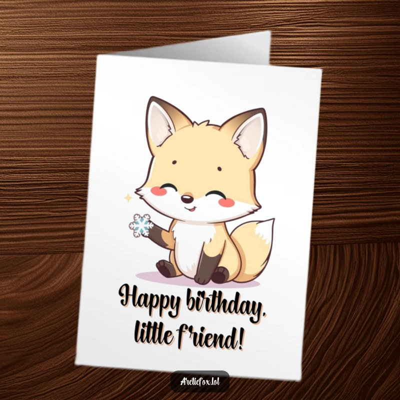 Funny Free Printable Birthday Card: Smiling arctic fox offering a friendly paw to a tiny snowflake, spreading birthday joy.