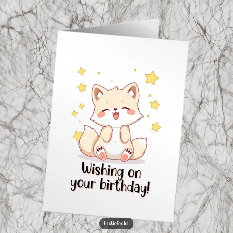 Funny Free Printable Birthday Card showing a delighted Kawaii arctic fox gleefully catching sparkling falling stars in its open paws.