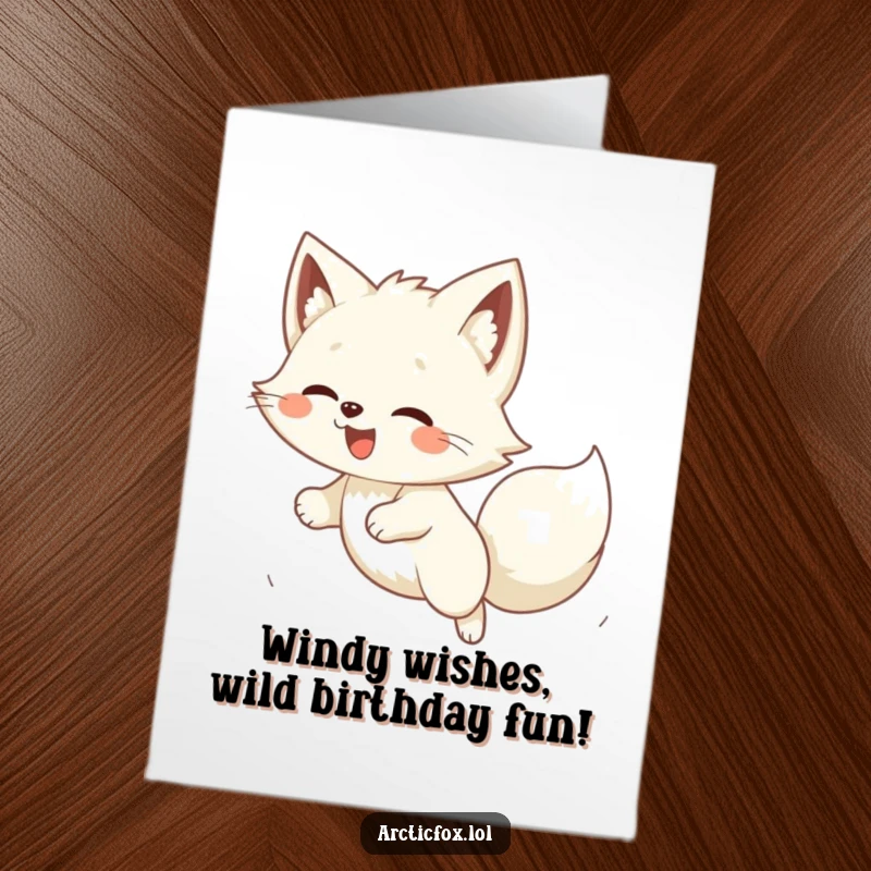 Funny Free Printable Birthday Card featuring a giddy Kawaii arctic fox leaping joyfully into a blustery wind.