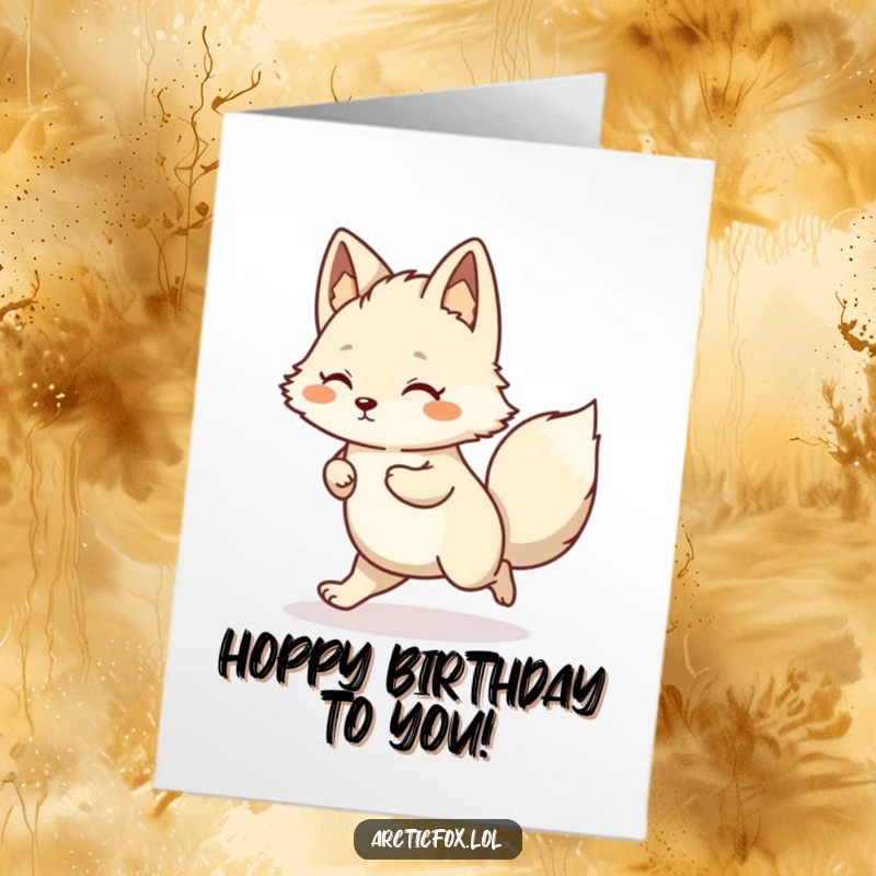 Funny Free Printable Birthday Card: Kawaii arctic fox captured mid-hop, radiating pure joy and excitement.