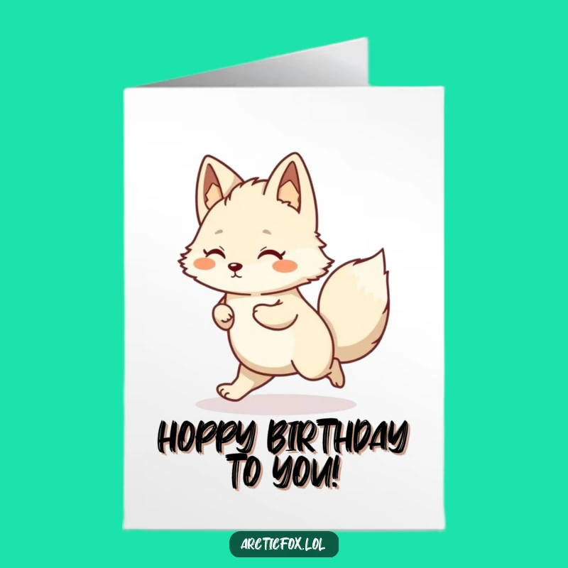Free Printable Birthday Card: Joyful Kawaii Arctic Fox Hop Downloadable Gift