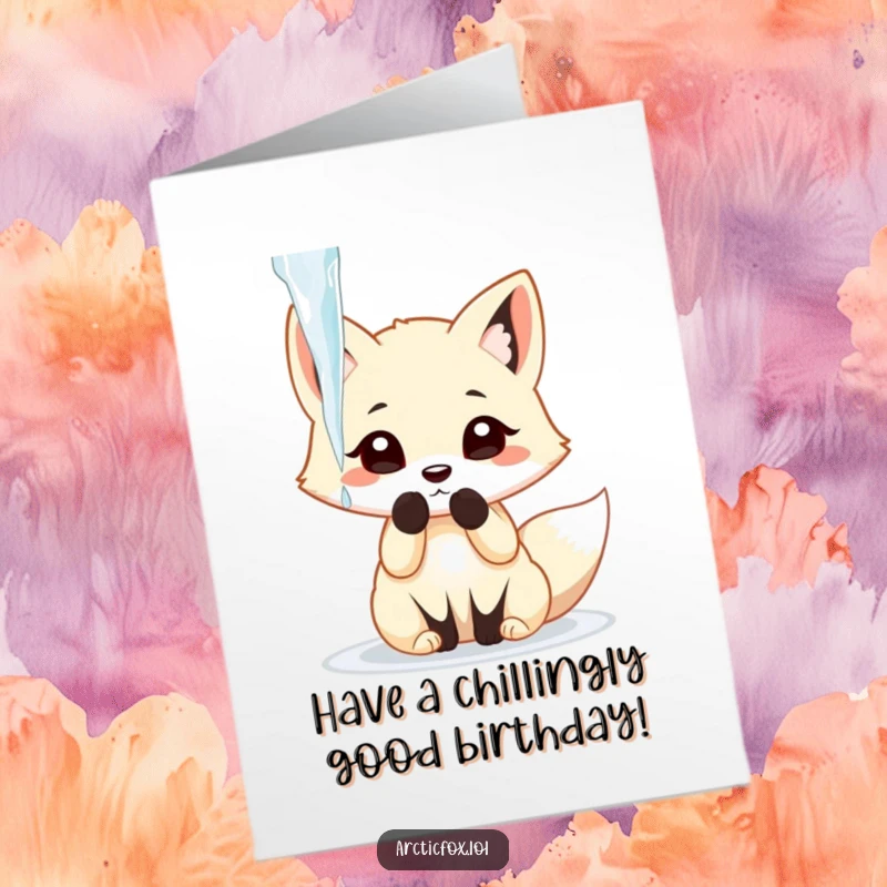 Funny Free Printable Birthday Card with an arctic fox playfully batting at a dangling, sparkling icicle.