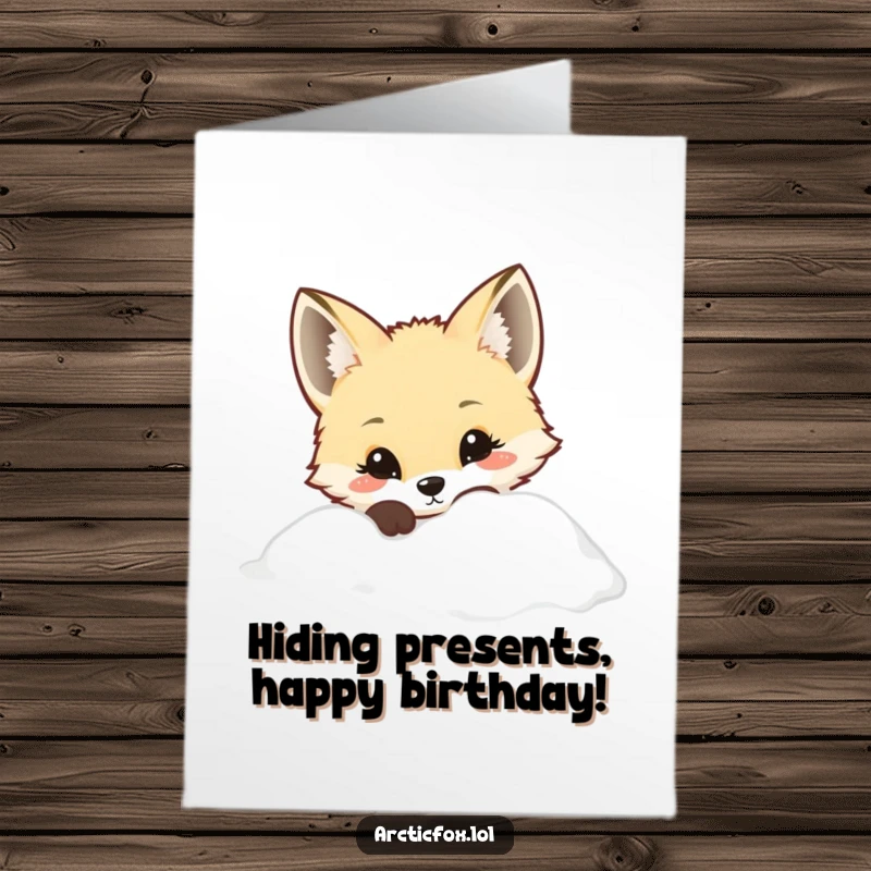 Cute Free Printable Birthday Card: Kawaii Arctic fox curiously peeking from behind a snowdrift, a sweet downloadable gift.