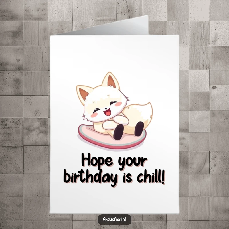 Funny Free Printable Birthday Card: Happy arctic fox cheerfully sliding down a snowy hill on its belly.