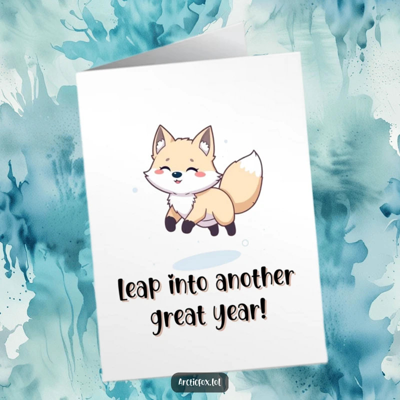 Funny Free Printable Birthday Card with a happy arctic fox leaping joyfully through fresh snowflakes.