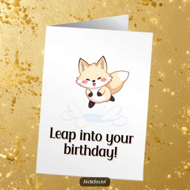 Funny Free Printable Birthday Card: Arctic fox leaping joyfully through fresh, powdery snow wishing happy birthday.