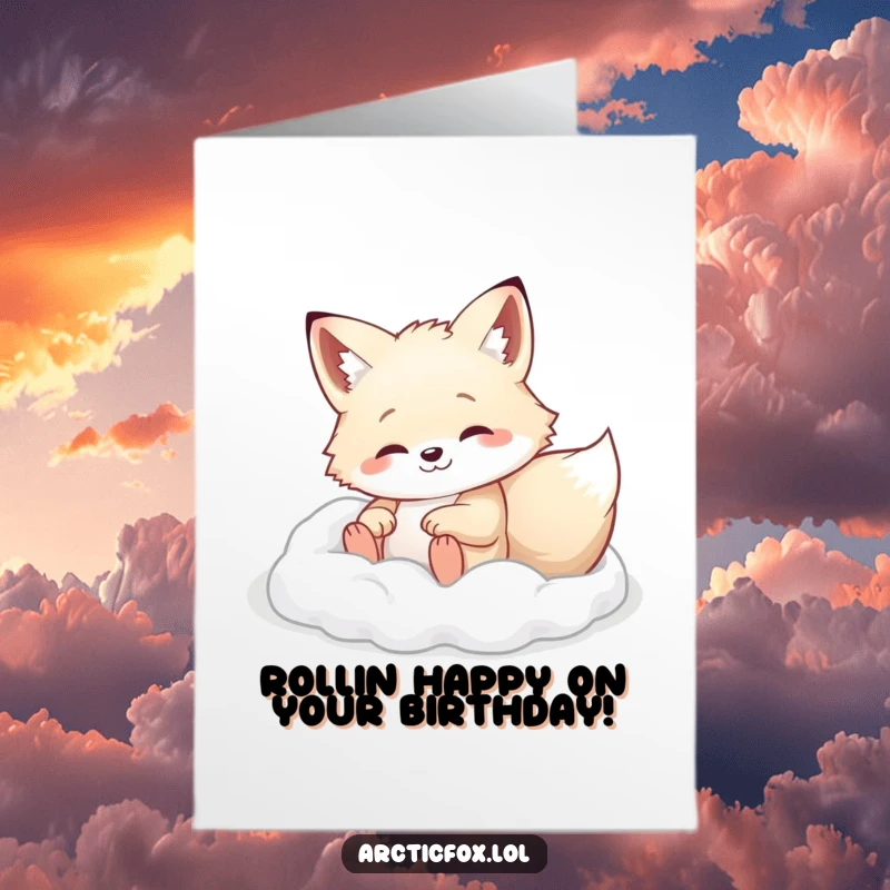 Sweet Free Printable Birthday Card: Arctic fox character happily rolling in soft white powder, a playful downloadable gift.