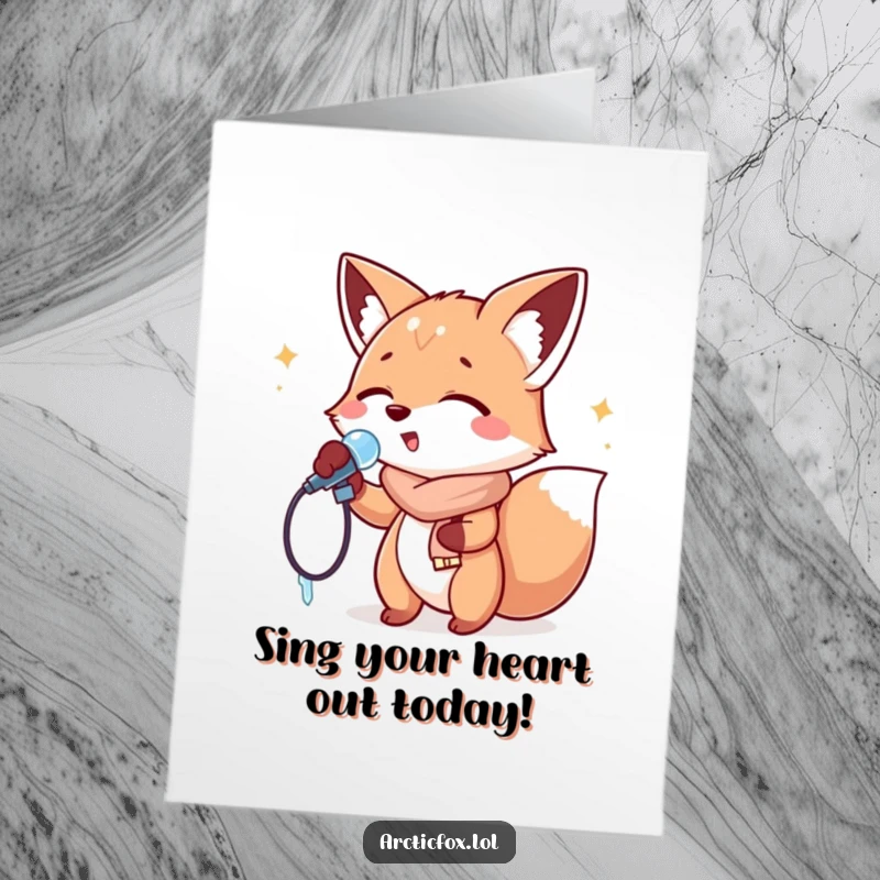 Funny Free Printable Birthday Card of a fox channeling its inner rockstar, singing into an icicle like a microphone.