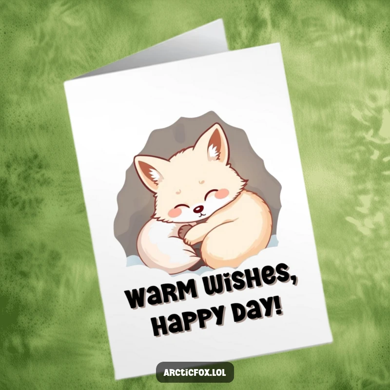 Funny Free Printable Birthday Card: Cozy arctic fox curled up, sighing happily in a snowy den, perfect for birthday wishes.