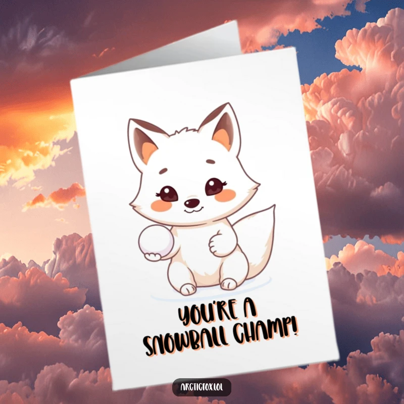 Funny Free Printable Congratulations Card: Arctic fox offering a snowball with a friendly, beaming smile, a warm way to say congrats.