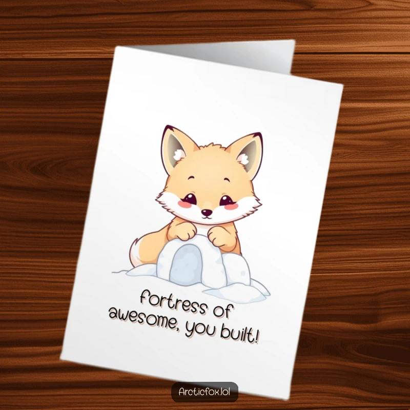 Funny Free Printable Congratulations Card of a kawaii arctic fox focused on building a small snow fort.