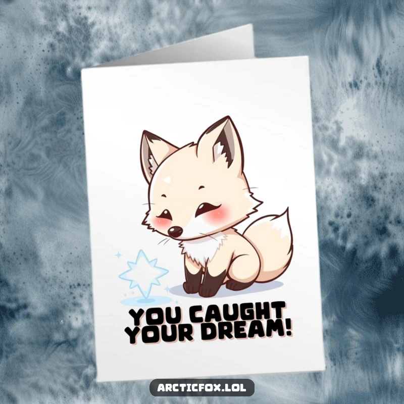 Funny Free Printable Congratulations Card: Playful Arctic Fox gleefully chasing a shimmering snowflake with its nose, celebrating achievements.