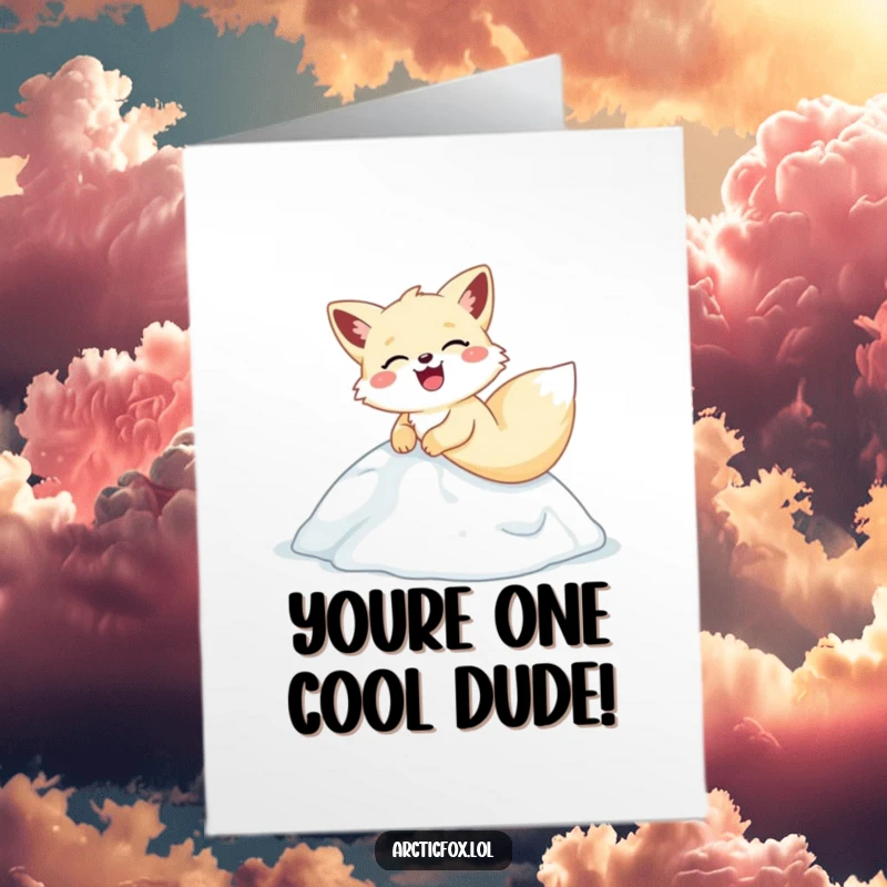 Funny Free Printable Congrats Card: A laughing arctic fox speeding down an icy slope, celebrating a win.