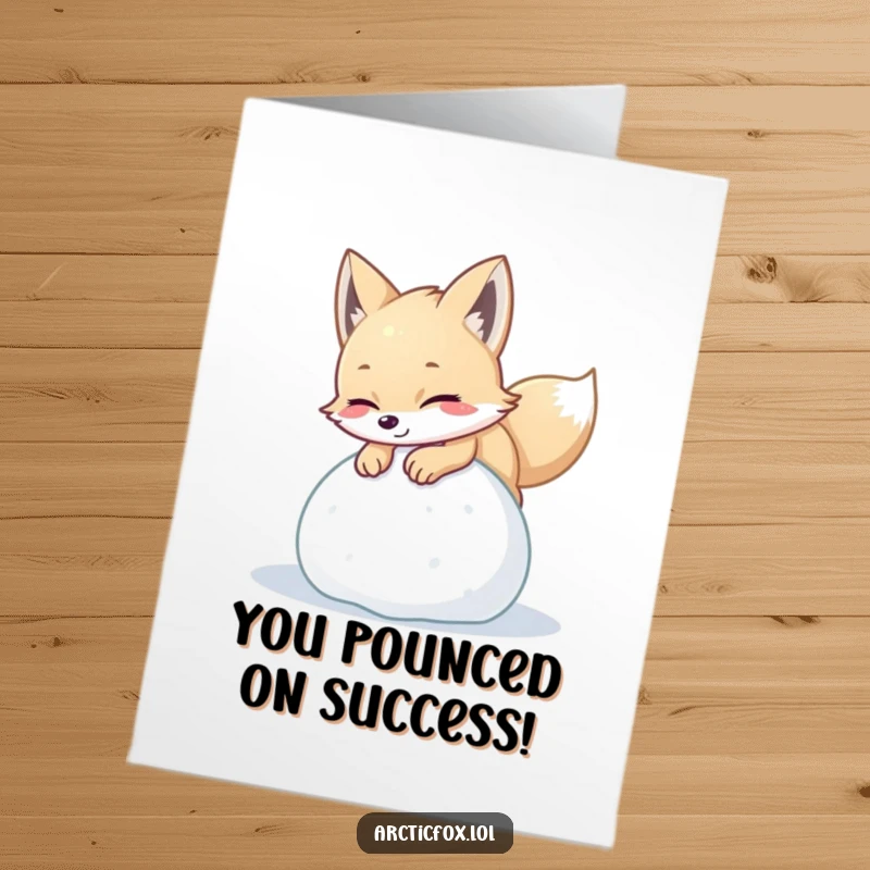 Funny Free Printable Congratulations Card: Playful arctic fox pouncing with delight on a ball of soft snow.