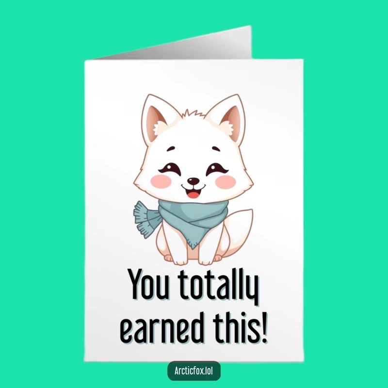 Free Printable Congrats Card: Cheerful Arctic Fox Scarf Celebration - Downloadable Funny Gift