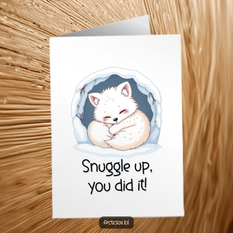 Funny Free Printable Congratulations Card: A content arctic fox resting snugly in its warm, snowy den.