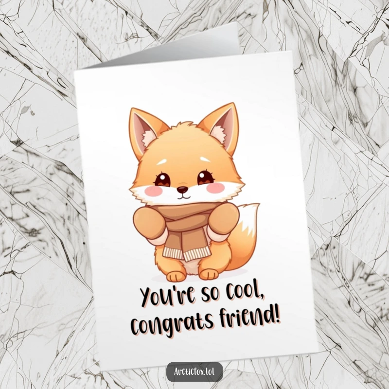 Funny Free Printable Congrats Card: A fluffy fox character dressed in winter mittens and a scarf, offering warm congratulations.