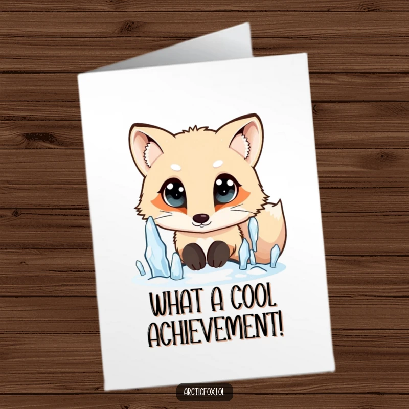 Funny Free Printable Congratulations Card: Arctic Fox with wide, curious eyes, looking up in amazement at your accomplishments like icicles.