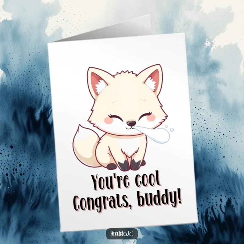 Funny Free Printable Congratulations Card: Kawaii arctic fox exhaling frosty breath, a cool way to say congrats.