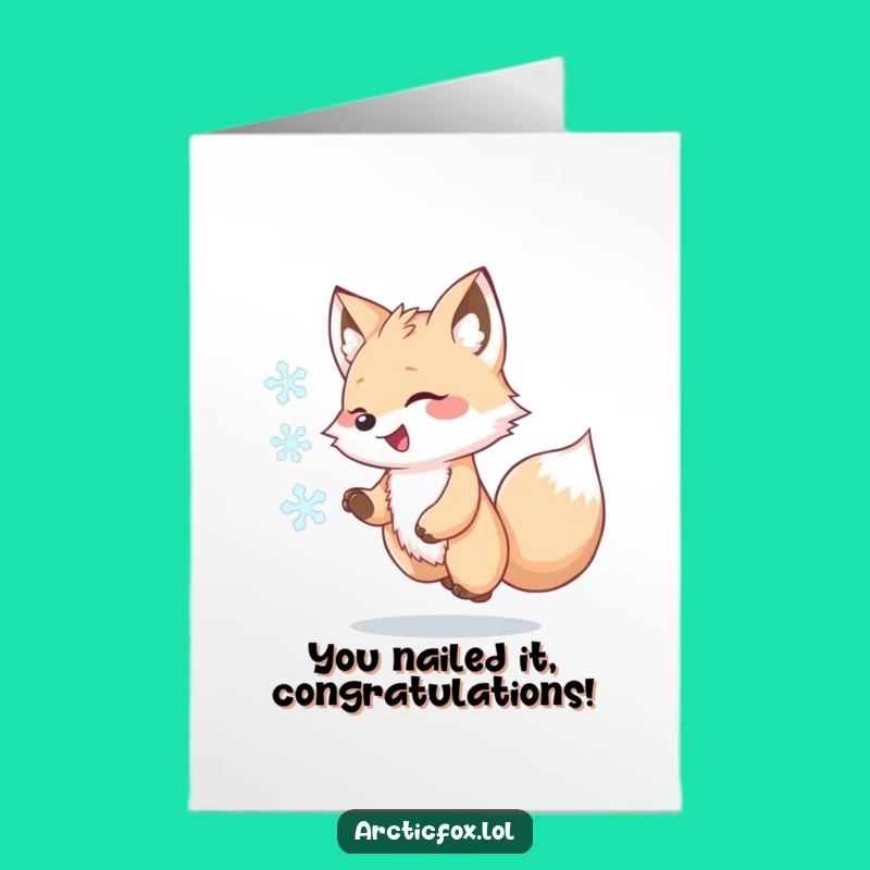 Free Printable Congrats Card: Joyful Kawaii Arctic Fox Snowflake Chase Downloadable