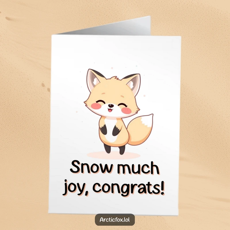 Joyful Free Printable Congratulations Card showing a happy Kawaii arctic fox twirling with delight in a soft, fluttering snow flurry.