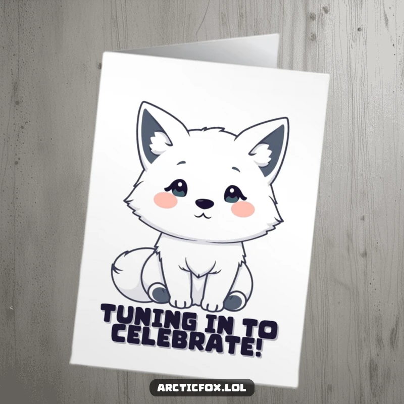 Free Printable Congratulations Card: A kawaii Arctic fox with ears perked, intently listening to the news of success.