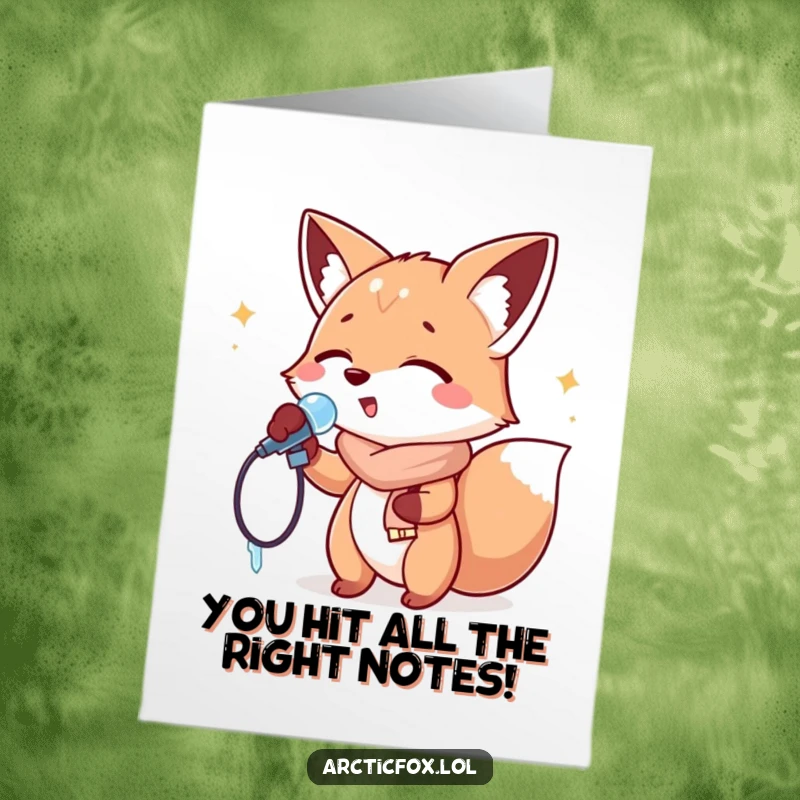 Funny Free Printable Congratulations Card showing a fox belting out a tune into an icicle microphone, celebrating a win.