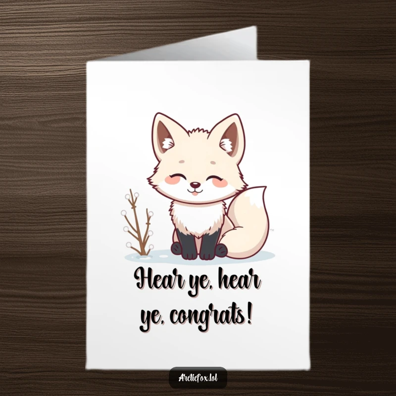 Cute Free Printable Congratulations Card featuring a focused Kawaii arctic fox with perked ears, intently listening to celebratory winter sounds.