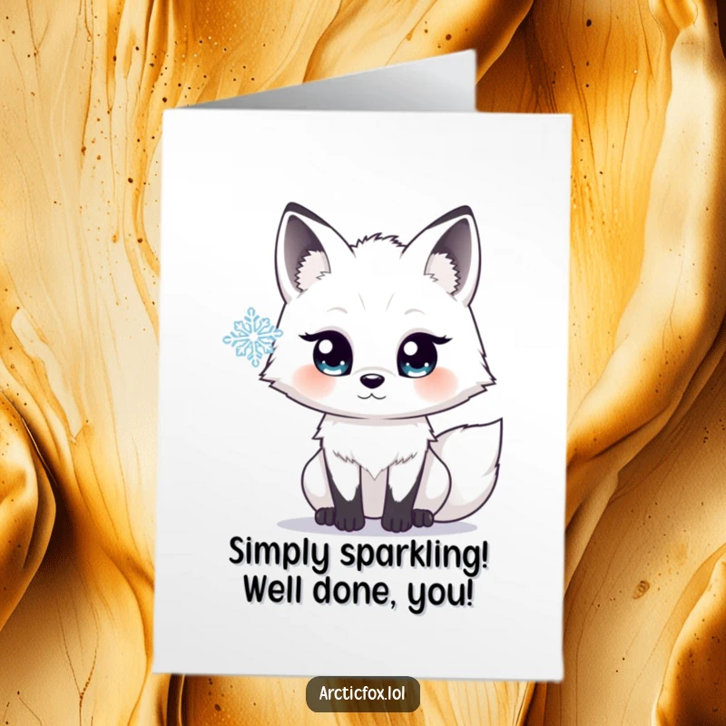 Free Printable Congrats Card: Arctic fox with wide, curious eyes admiring a beautiful snowflake, pure wonder.