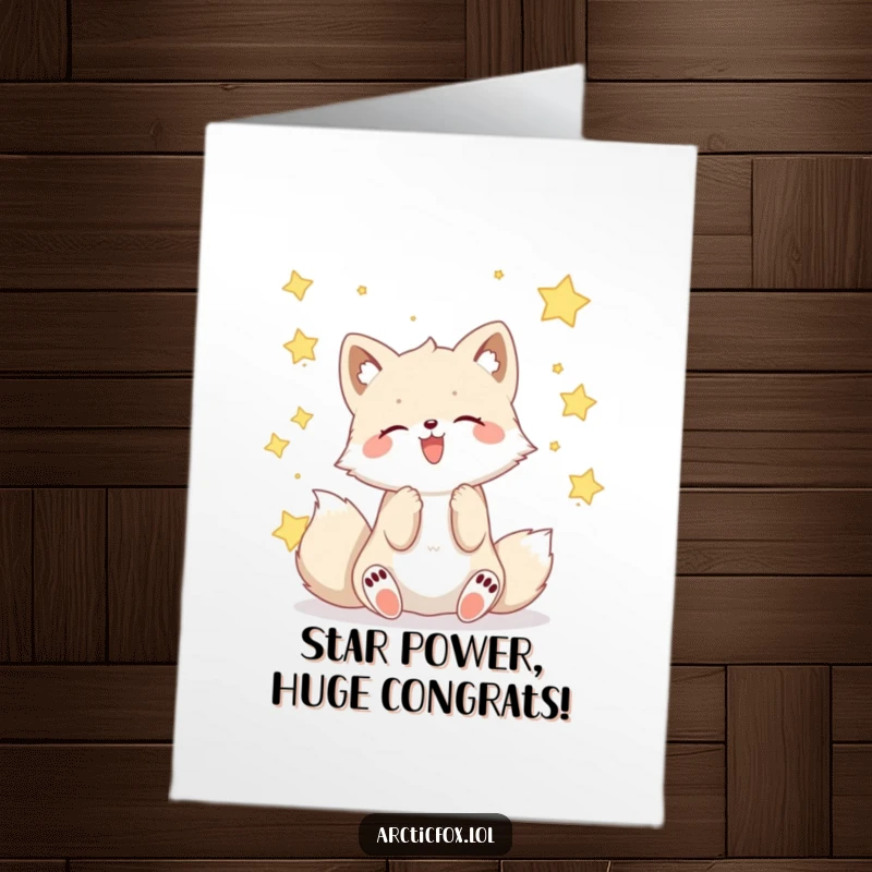 Magical Free Printable Congratulations Card featuring a gleeful Kawaii arctic fox catching bright, falling stars with its paws in celebration.
