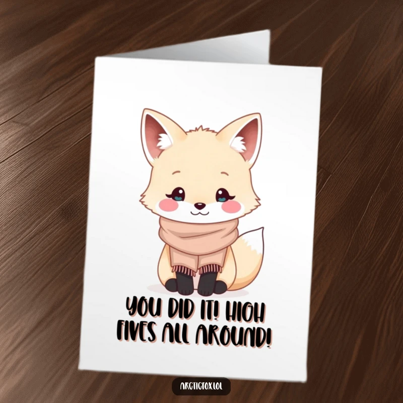 Funny Free Printable Congrats Card with a kawaii arctic fox sporting a cozy scarf, offering warm congratulatory vibes.