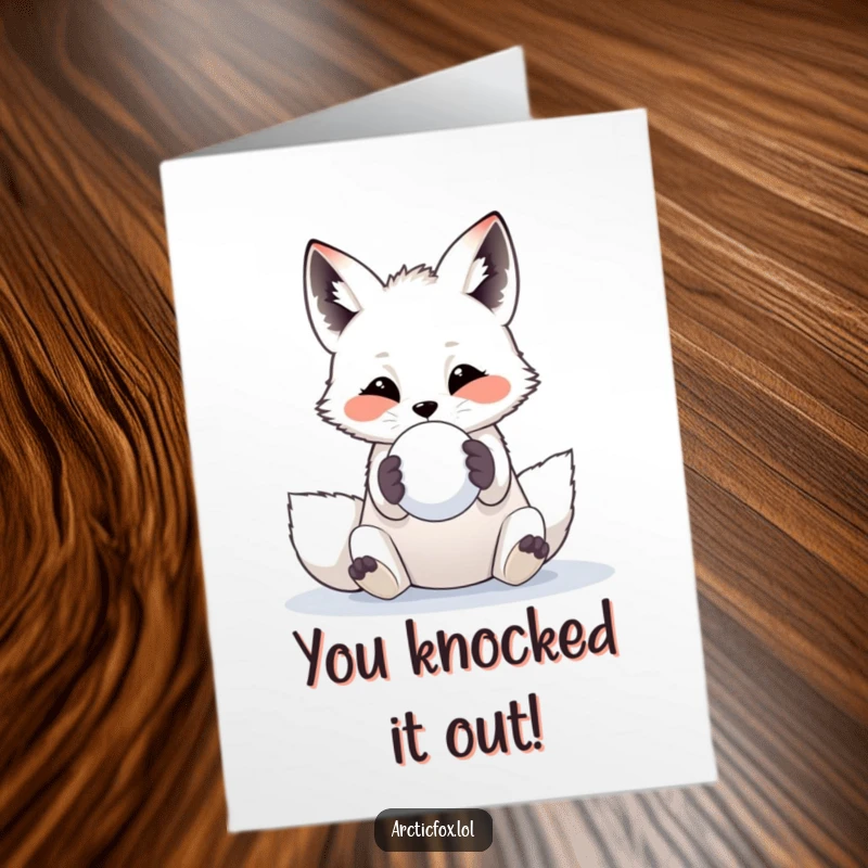 Funny Free Printable Congrats Card: Arctic fox gleefully tossing a snowball, perfect for celebrating happy moments.